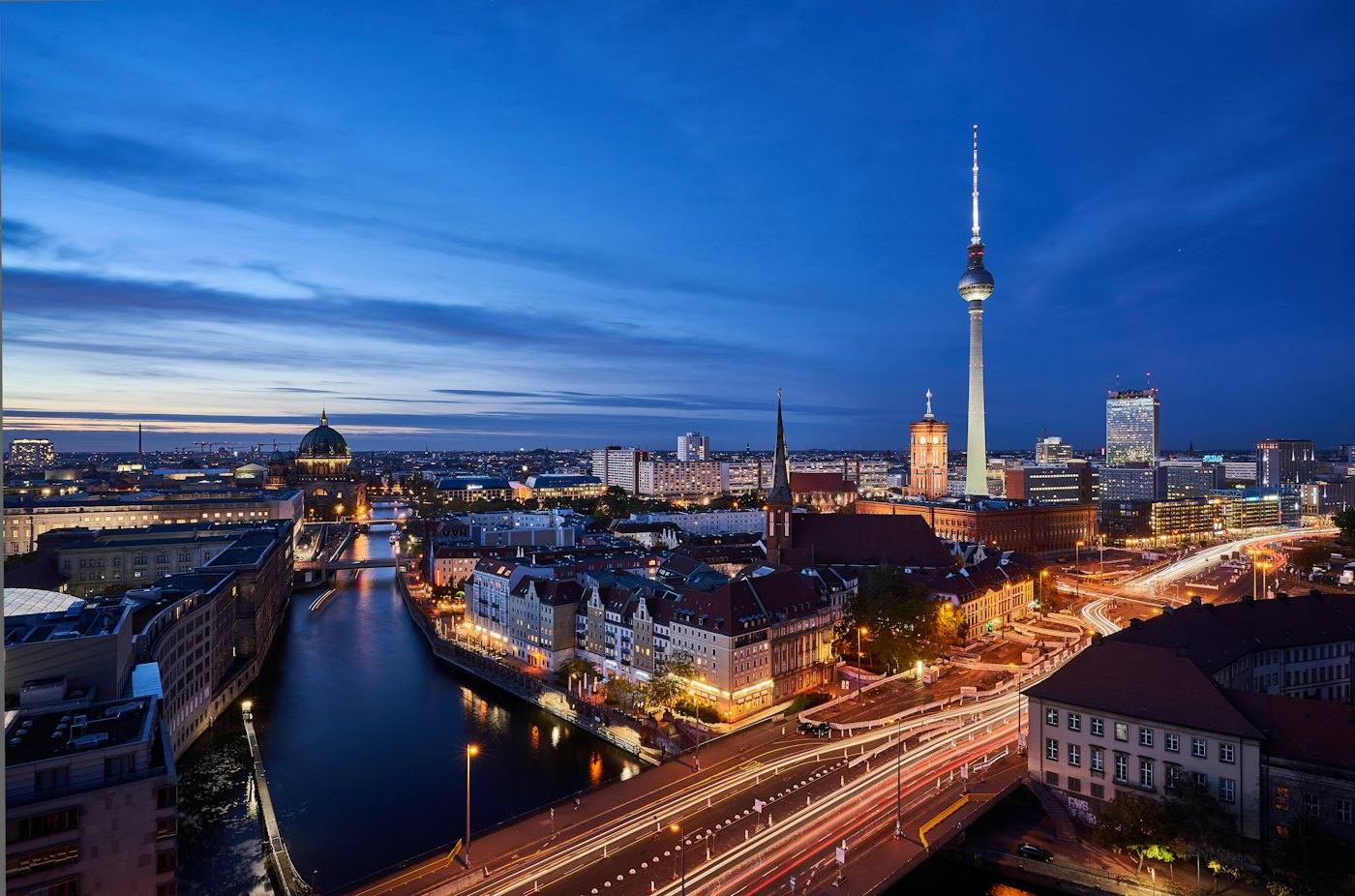 Berlin Mitte at blue hour, TV tower and Spree